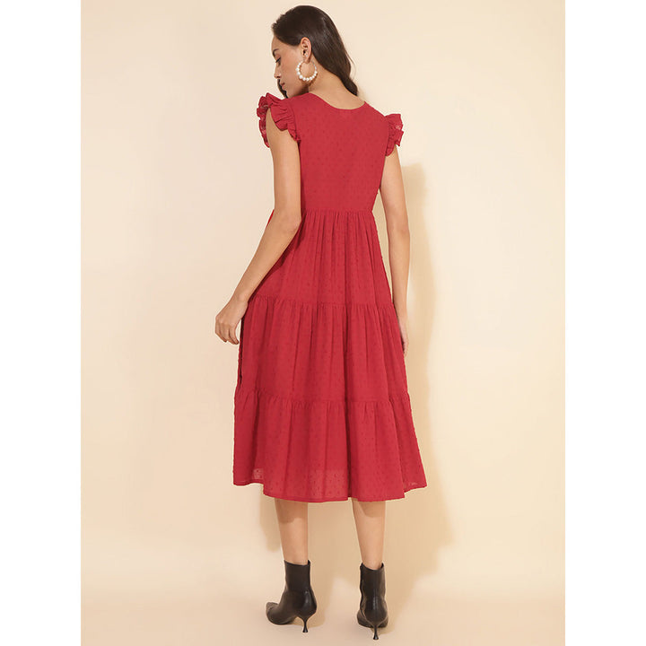 Janasya Red Cotton Dobby Tiered Dress