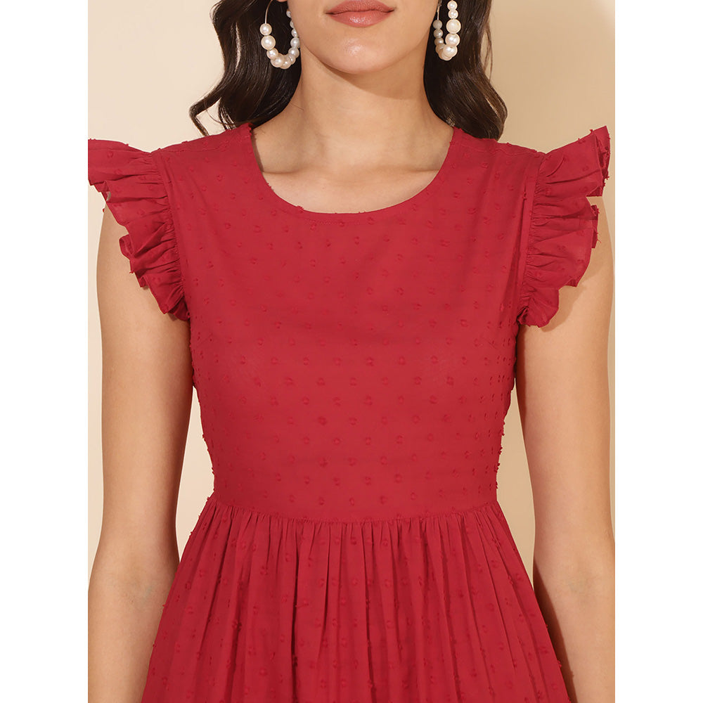 Janasya Red Cotton Dobby Tiered Dress