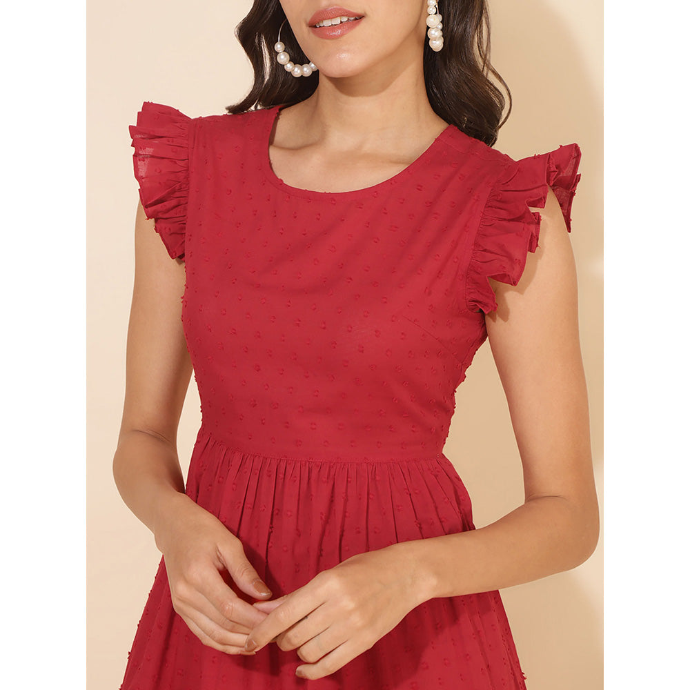 Janasya Red Cotton Dobby Tiered Dress