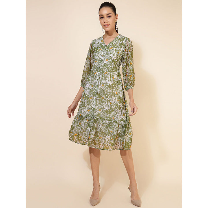 Janasya Womens Olive Georgette Floral Printed A-Line Dress