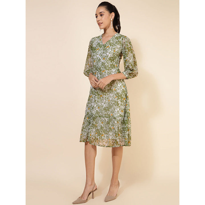 Janasya Womens Olive Georgette Floral Printed A-Line Dress