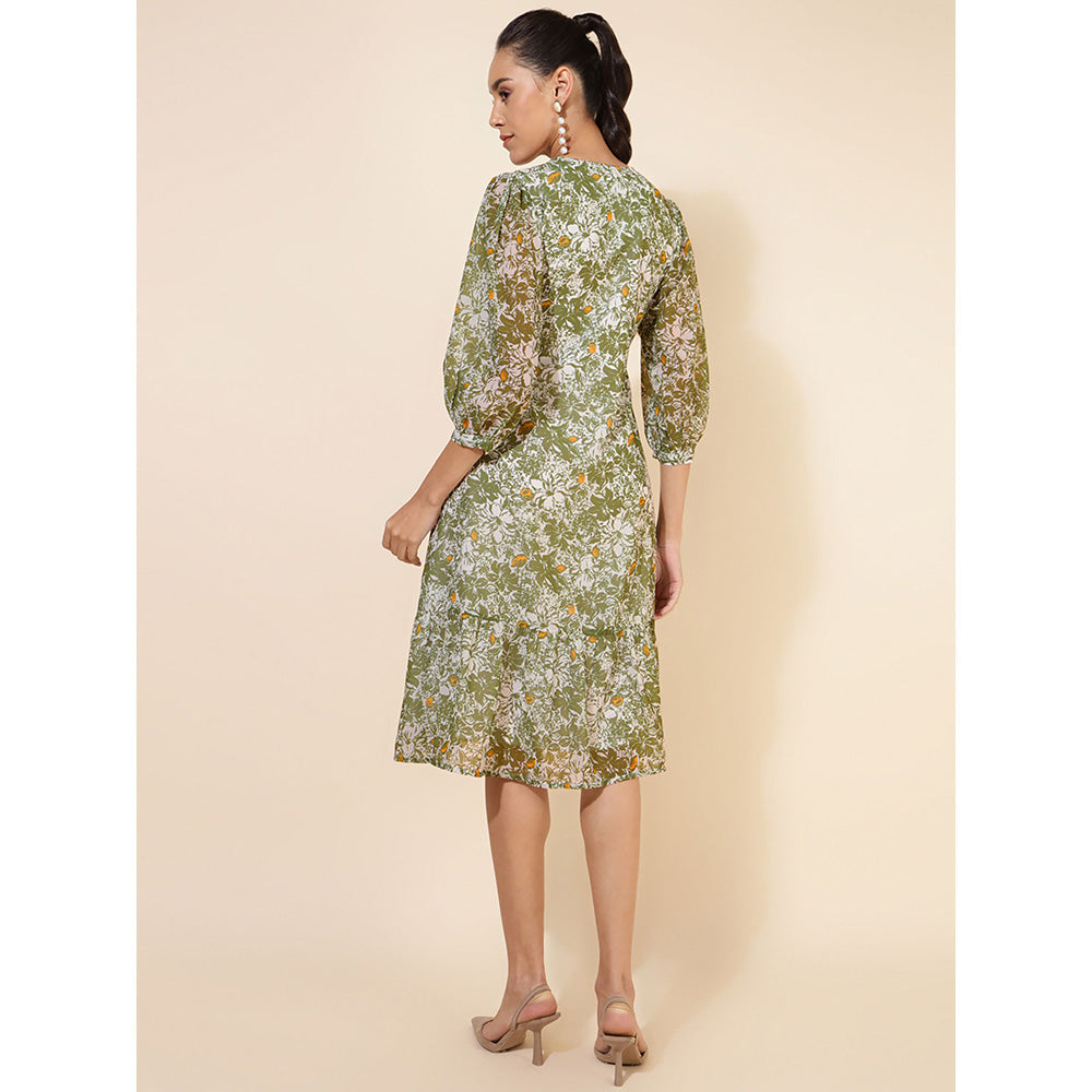 Janasya Womens Olive Georgette Floral Printed A-Line Dress