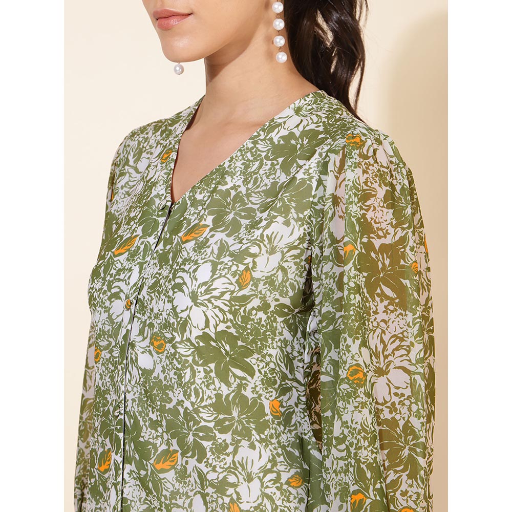 Janasya Womens Olive Georgette Floral Printed A-Line Dress