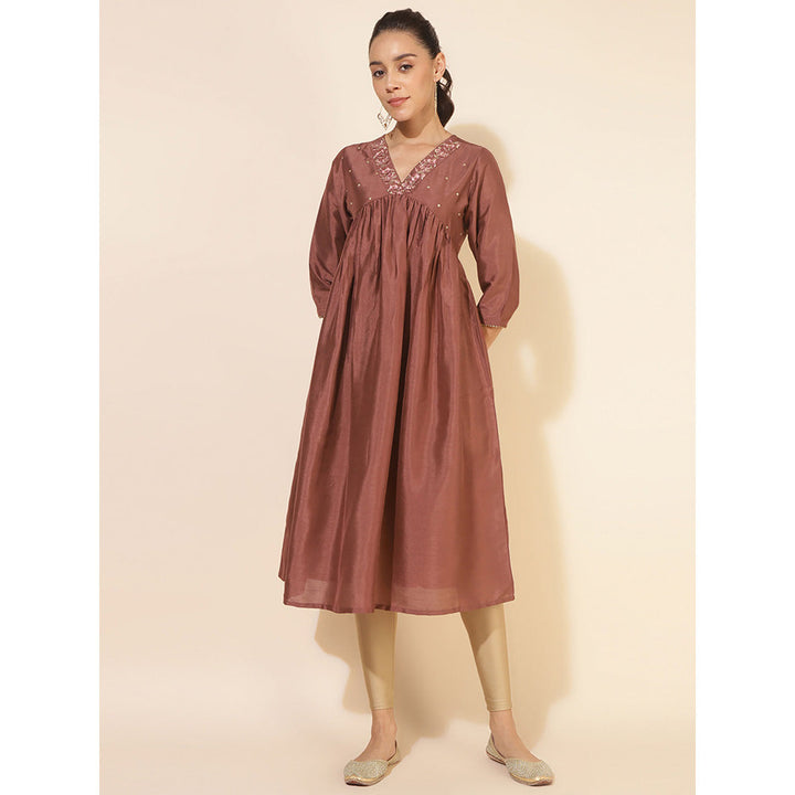 Janasya Womens Brown Crepe Silk Embellished Empire Kurta