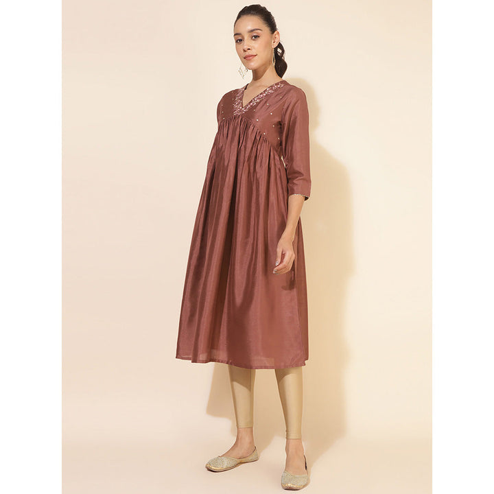 Janasya Womens Brown Crepe Silk Embellished Empire Kurta