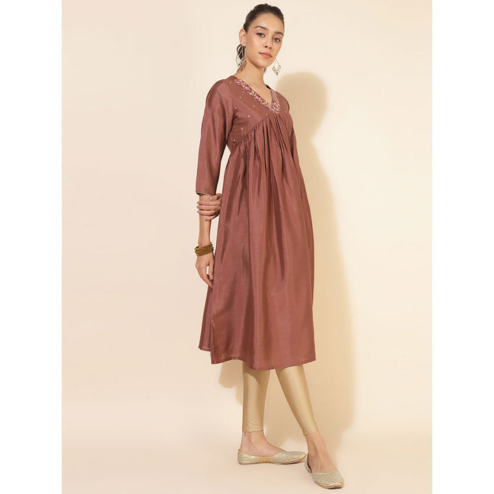 Janasya Womens Brown Crepe Silk Embellished Empire Kurta