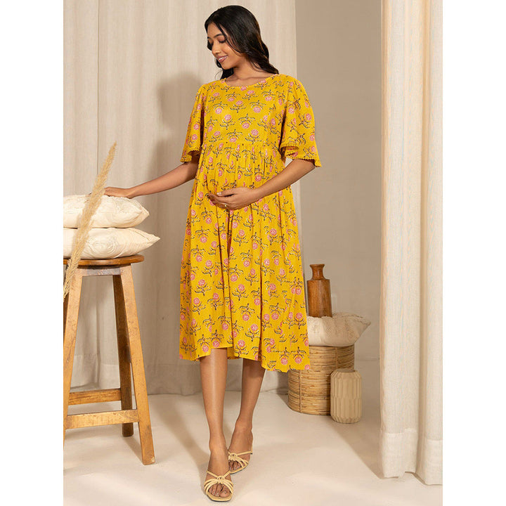 Janasya Womens Yellow Cotton Floral Fit & Flare Maternity Dress