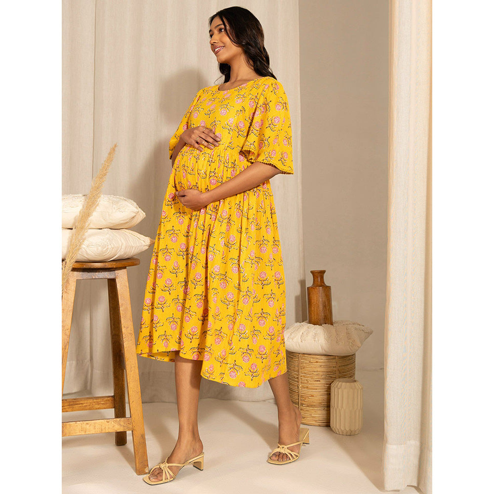 Janasya Womens Yellow Cotton Floral Fit & Flare Maternity Dress