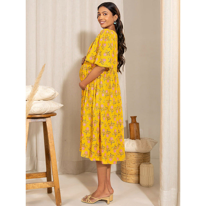 Janasya Womens Yellow Cotton Floral Fit & Flare Maternity Dress