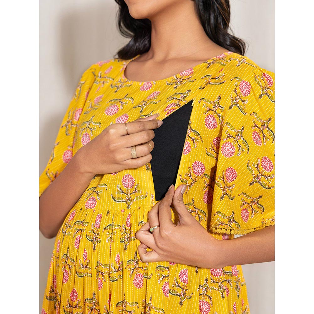 Janasya Womens Yellow Cotton Floral Fit & Flare Maternity Dress