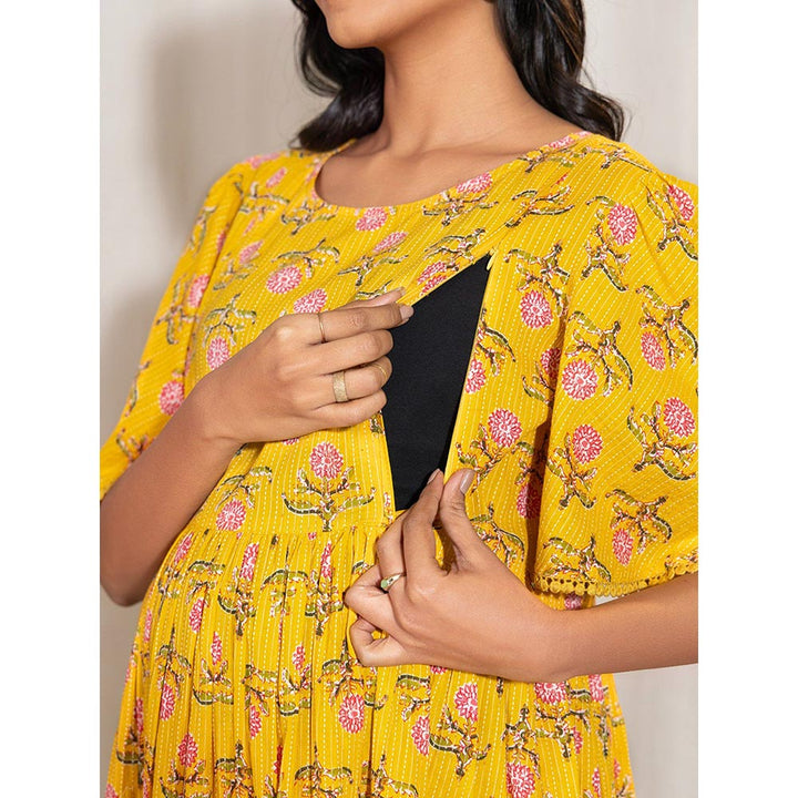 Janasya Womens Yellow Cotton Floral Fit & Flare Maternity Dress