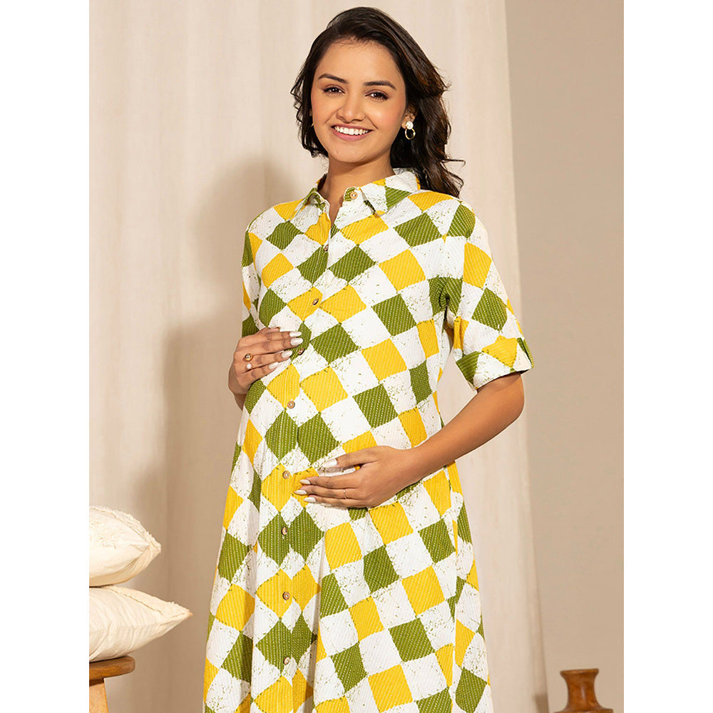 Janasya Womens Multicolour Cotton Geometric A-Line Maternity Dress
