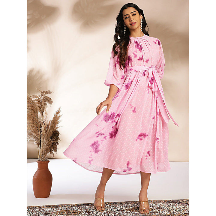 Janasya Womens Pink Dobby Georgette Tie-Dye Fit & Flare Dress