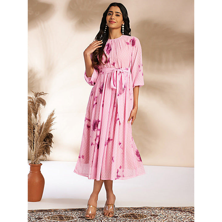 Janasya Womens Pink Dobby Georgette Tie-Dye Fit & Flare Dress