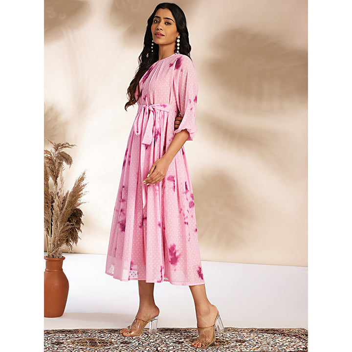 Janasya Womens Pink Dobby Georgette Tie-Dye Fit & Flare Dress