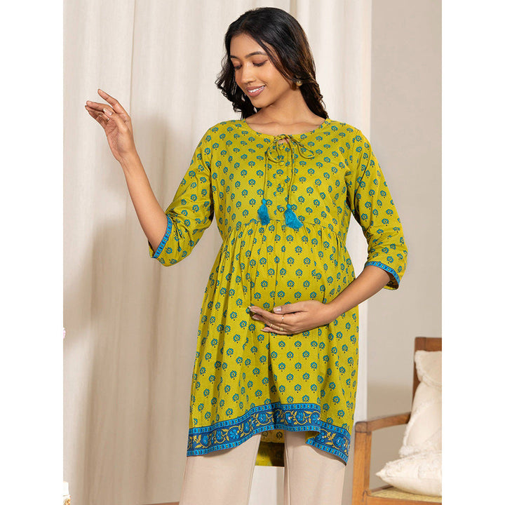 Janasya Womens Green Cotton Printed A-Line Maternity Tunic