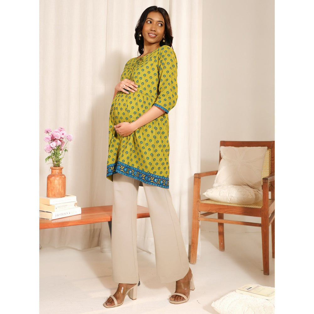 Janasya Womens Green Cotton Printed A-Line Maternity Tunic