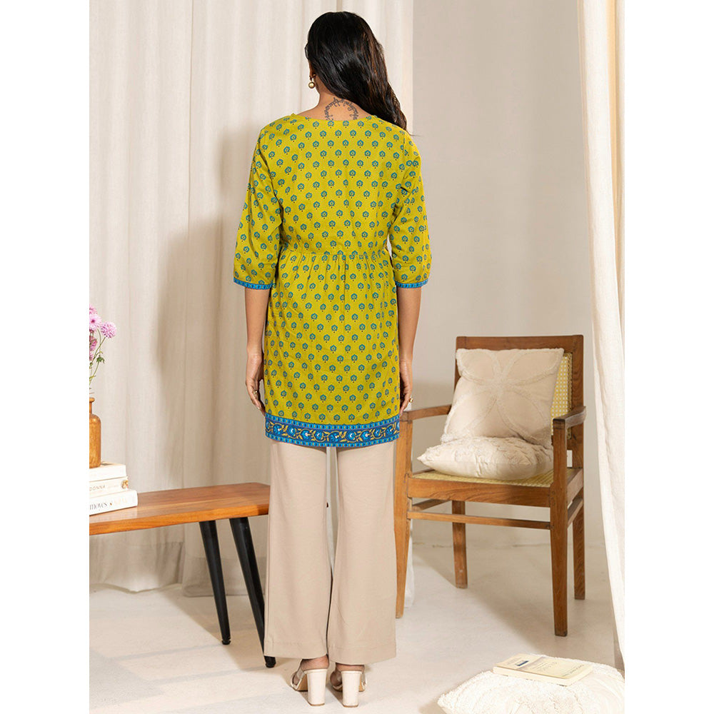 Janasya Womens Green Cotton Printed A-Line Maternity Tunic