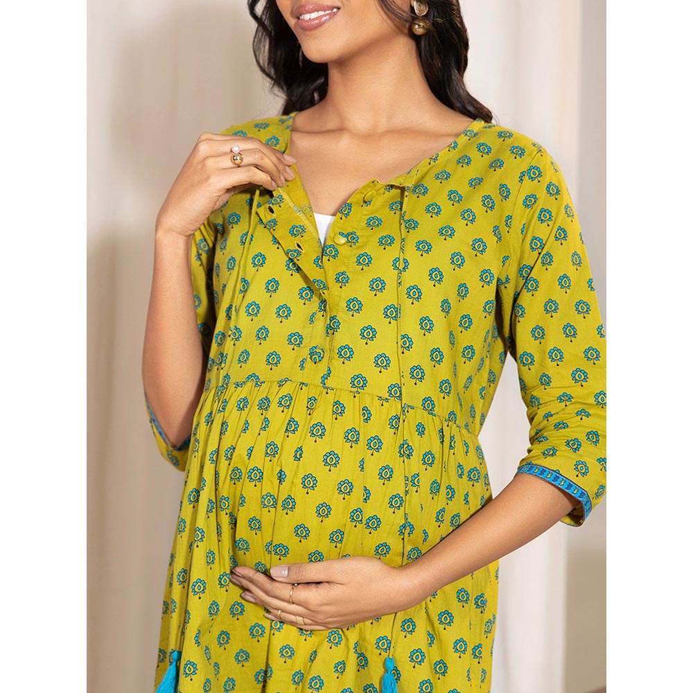 Janasya Womens Green Cotton Printed A-Line Maternity Tunic