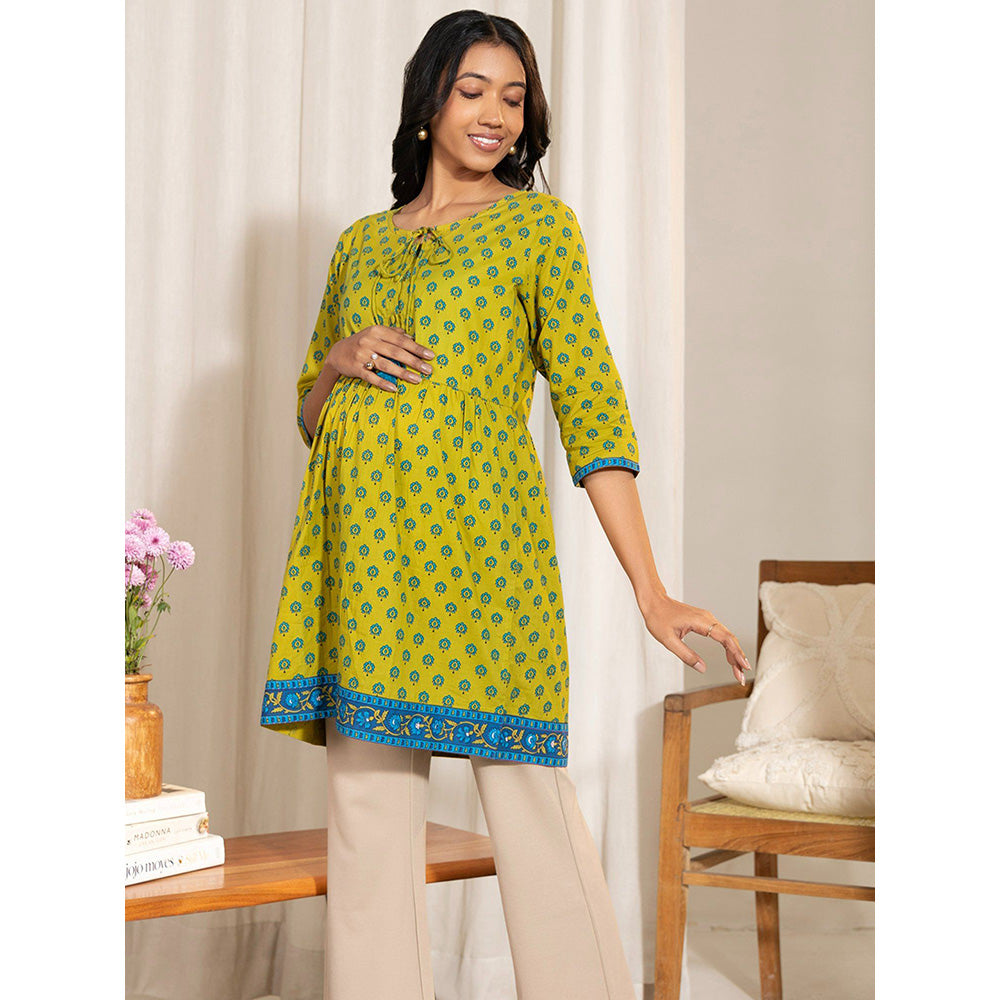 Janasya Womens Green Cotton Printed A-Line Maternity Tunic