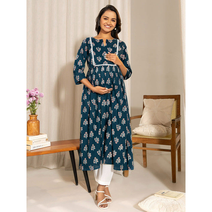 Janasya Womens Teal Cotton Floral Fit & Flare Maternity Kurta