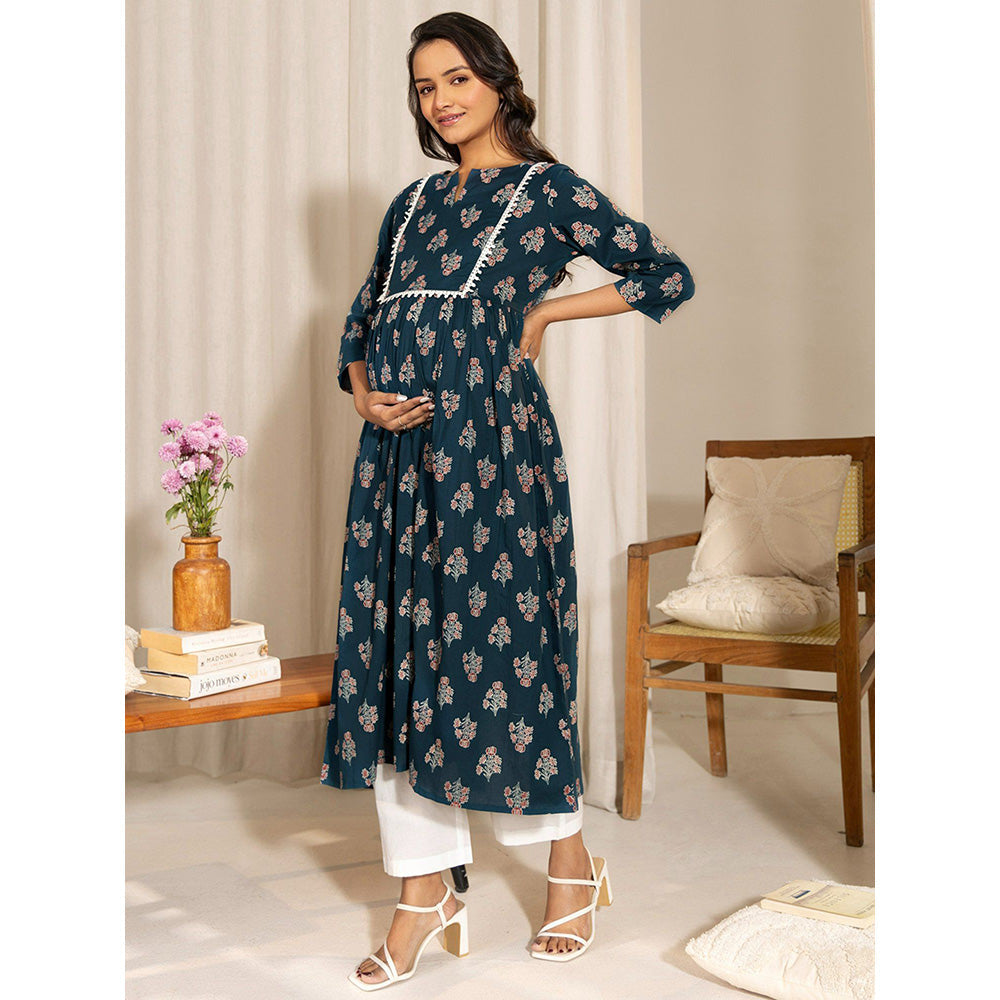 Janasya Womens Teal Cotton Floral Fit & Flare Maternity Kurta