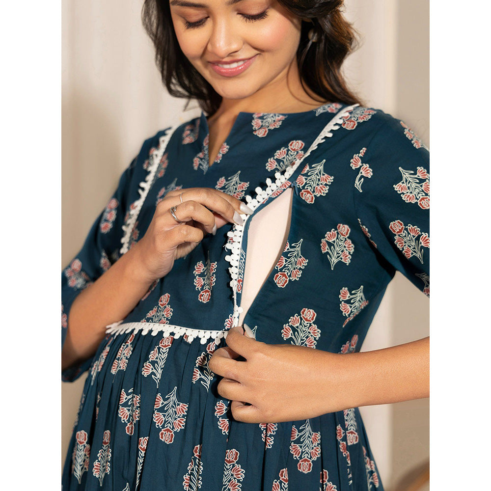 Janasya Womens Teal Cotton Floral Fit & Flare Maternity Kurta