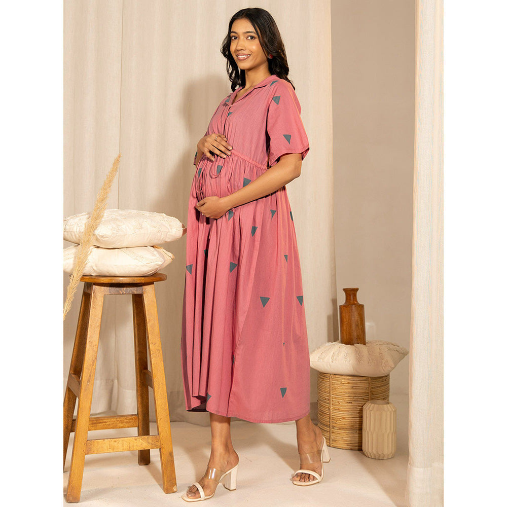 Janasya Womens Pink Cotton Geometric Gathered Maternity Dress