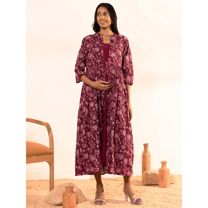 Janasya Womens Maroon Cotton Floral Front Tie-Up Maternity Dress (Set of 2)