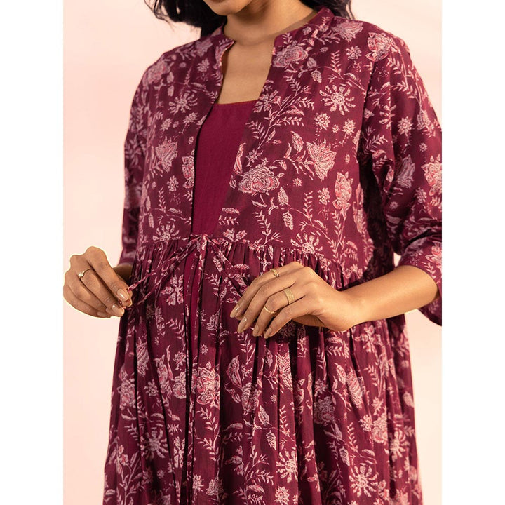 Janasya Womens Maroon Cotton Floral Front Tie-Up Maternity Dress (Set of 2)