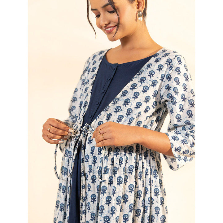 Janasya Womens White Cotton Floral A-Line Maternity Dress (Set of 2)