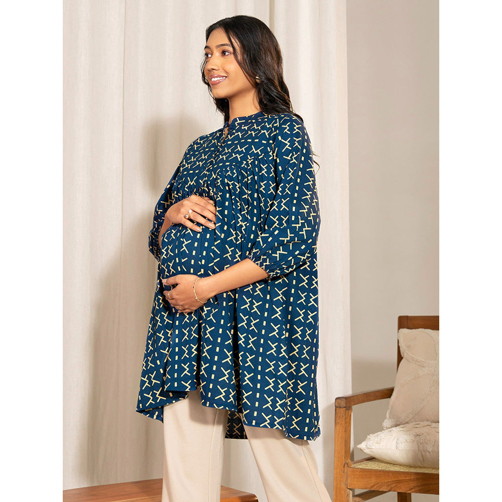 Janasya Womens Blue Cotton Printed Regular Maternity Tunic