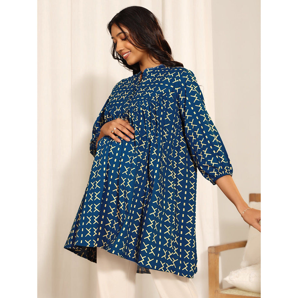 Janasya Womens Blue Cotton Printed Regular Maternity Tunic