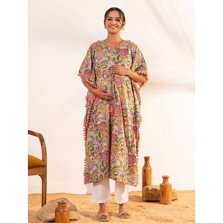 Janasya Womens Beige Cotton Printed Maternity Kaftan Kurta