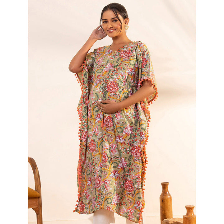 Janasya Womens Beige Cotton Printed Maternity Kaftan Kurta