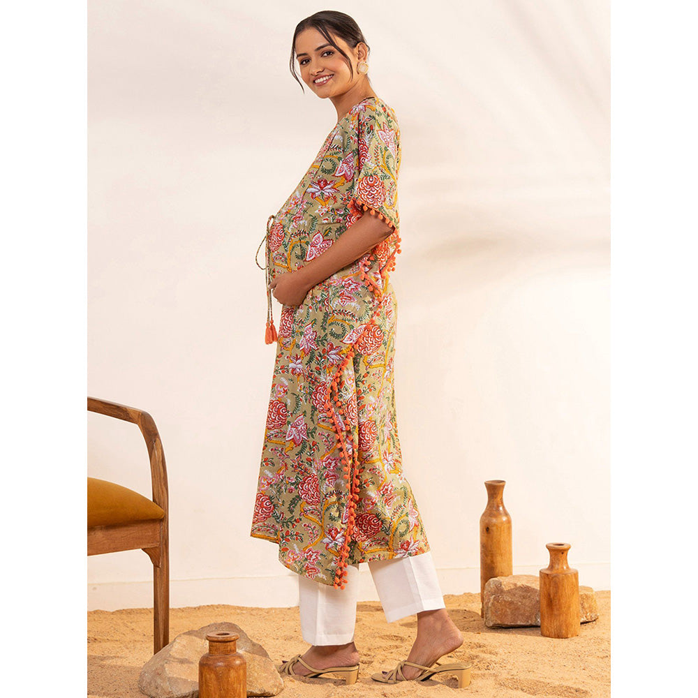 Janasya Womens Beige Cotton Printed Maternity Kaftan Kurta