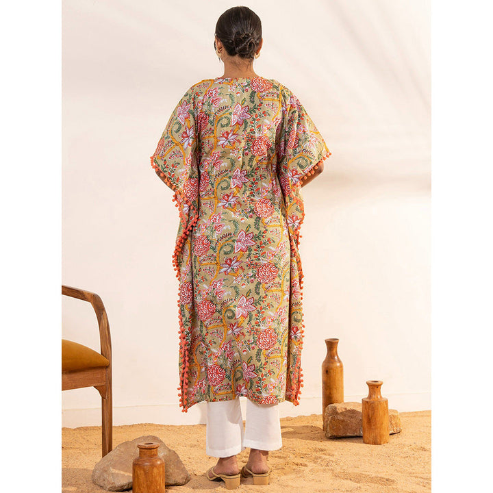 Janasya Womens Beige Cotton Printed Maternity Kaftan Kurta