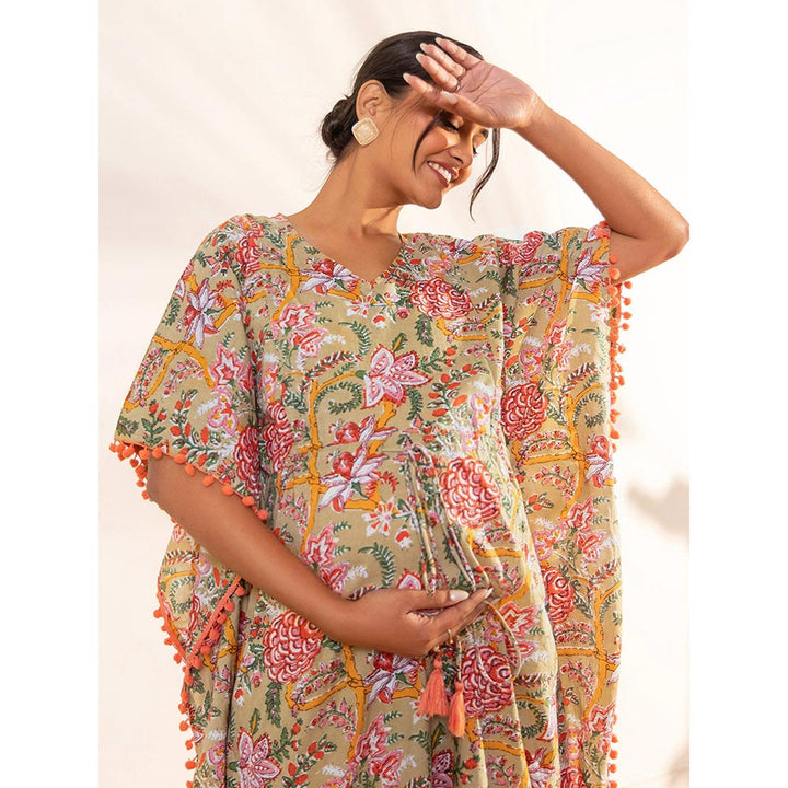 Janasya Womens Beige Cotton Printed Maternity Kaftan Kurta