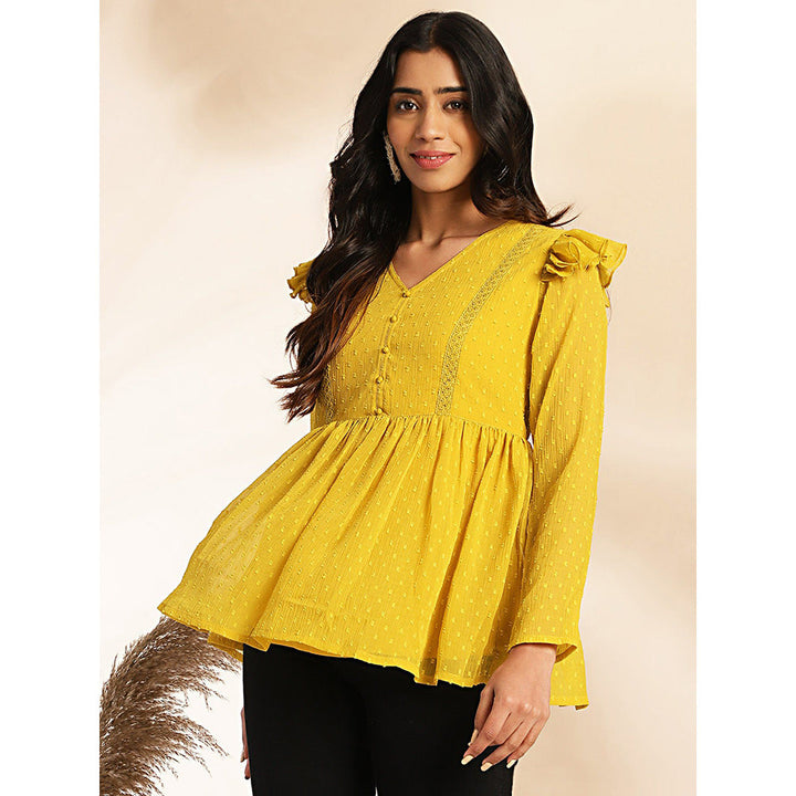 Janasya Womens Mustard Dobby Chiffon Peplum Tunic