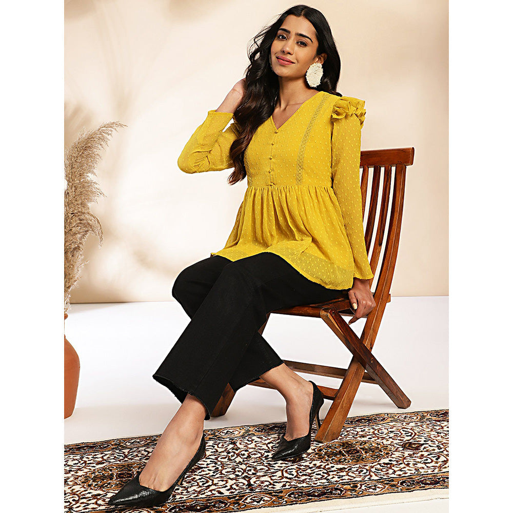 Janasya Womens Mustard Dobby Chiffon Peplum Tunic