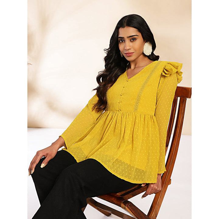 Janasya Womens Mustard Dobby Chiffon Peplum Tunic