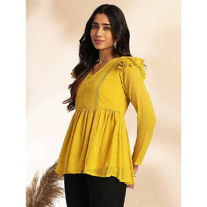 Janasya Womens Mustard Dobby Chiffon Peplum Tunic