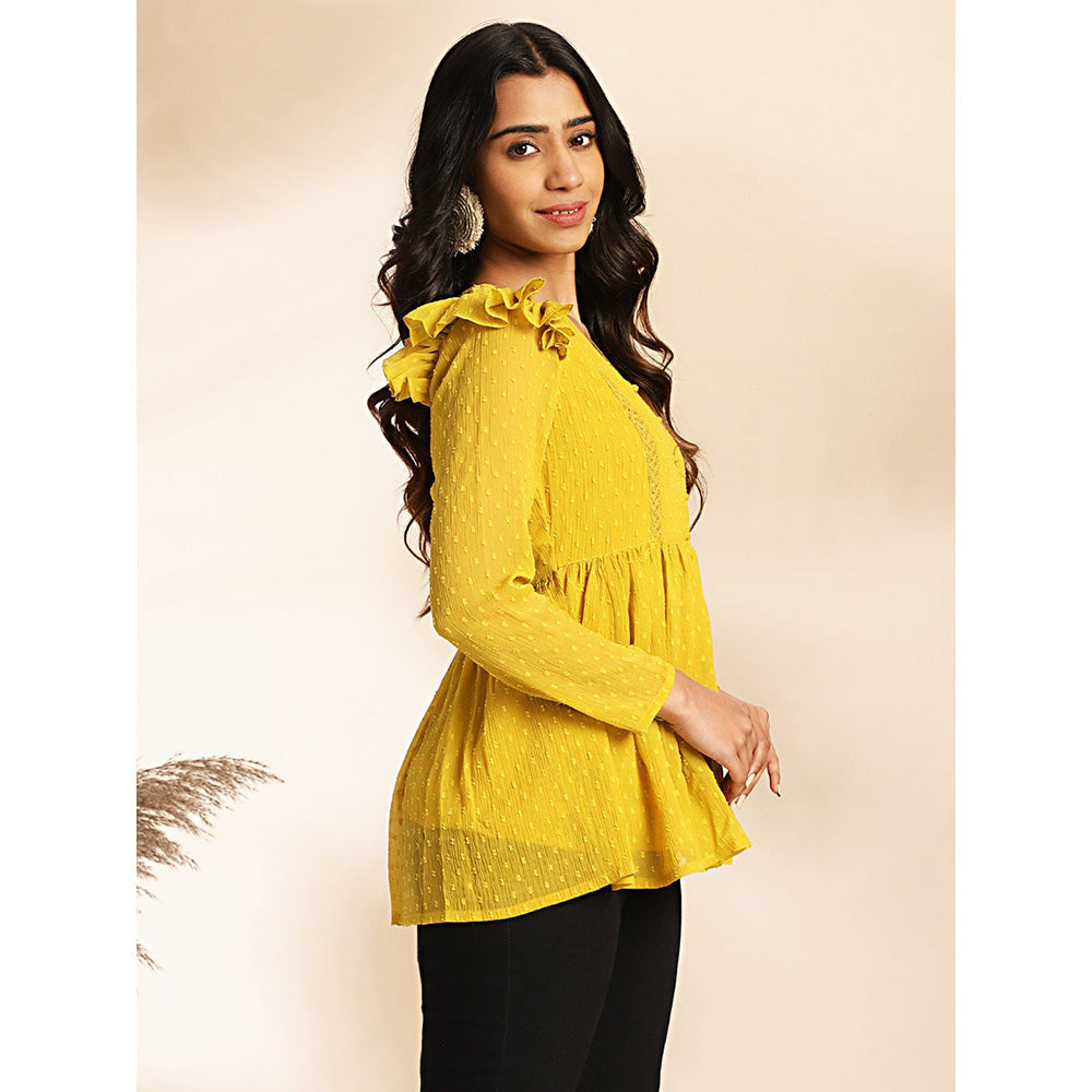 Janasya Womens Mustard Dobby Chiffon Peplum Tunic