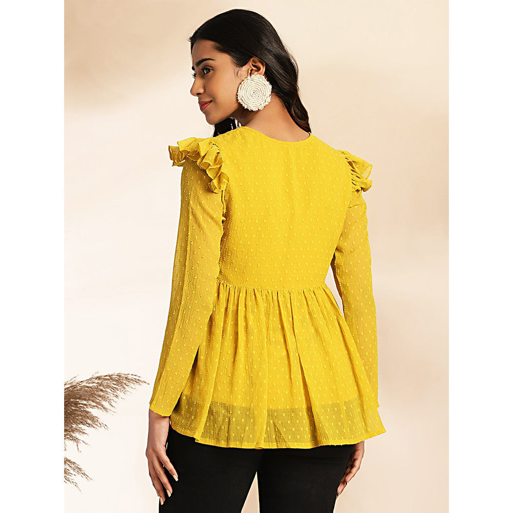 Janasya Womens Mustard Dobby Chiffon Peplum Tunic