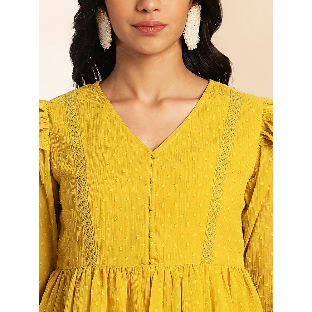 Janasya Womens Mustard Dobby Chiffon Peplum Tunic