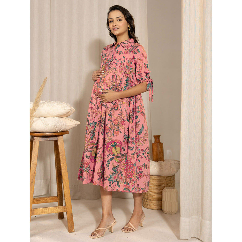 Janasya Womens Peach Cotton Floral Gathered Maternity Dress