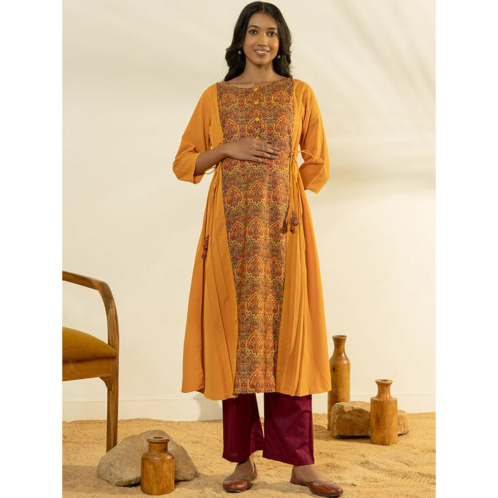 Janasya Womens Mustard Crepe Ethnic Printed A-Line Maternity Kurta