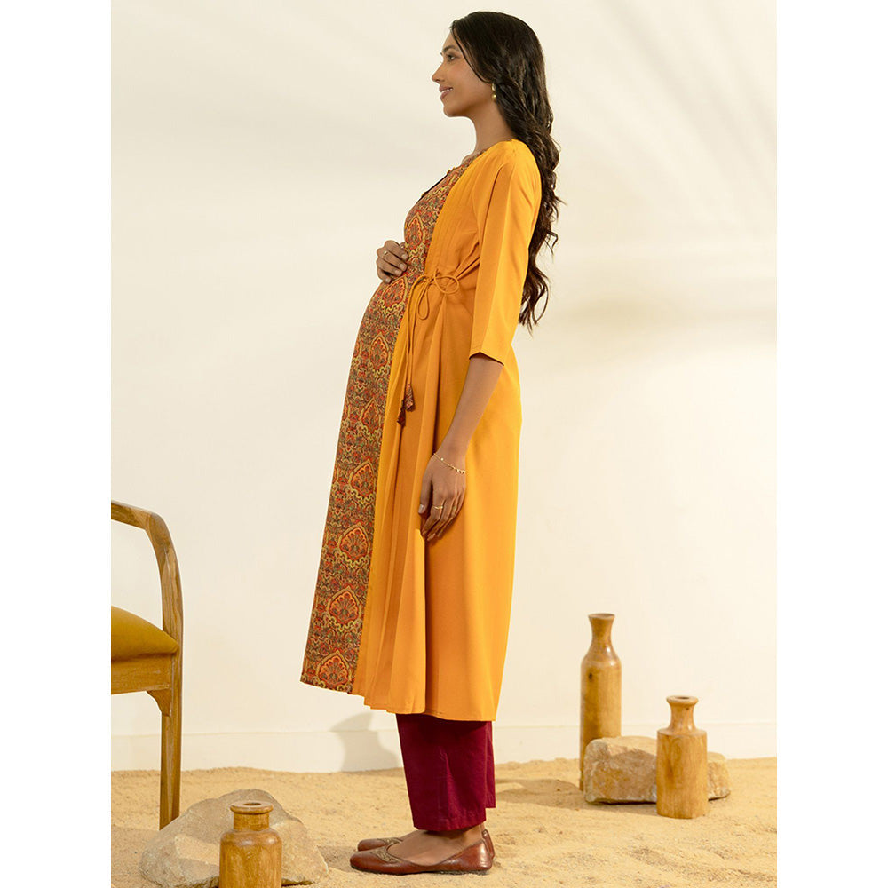 Janasya Womens Mustard Crepe Ethnic Printed A-Line Maternity Kurta