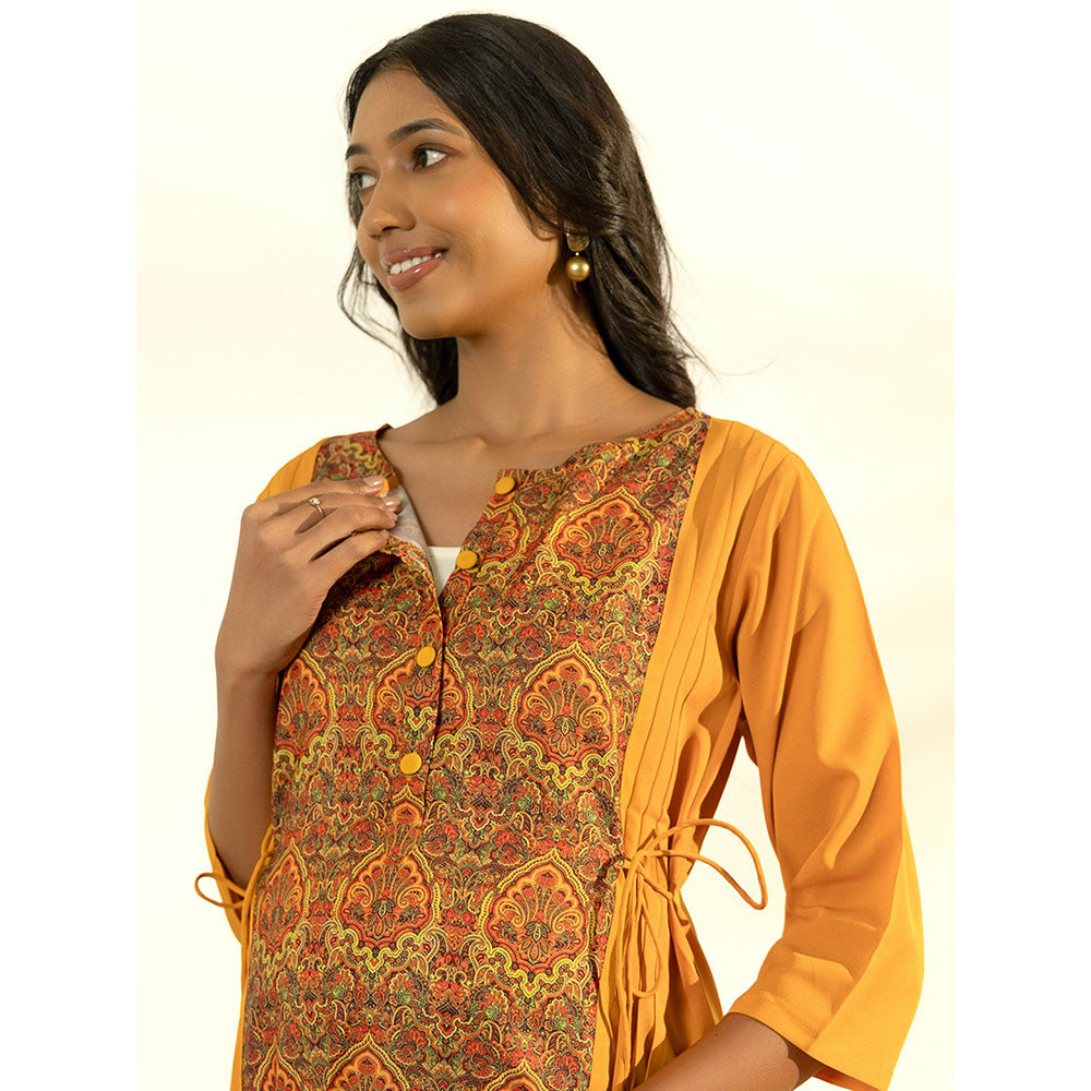 Janasya Womens Mustard Crepe Ethnic Printed A-Line Maternity Kurta