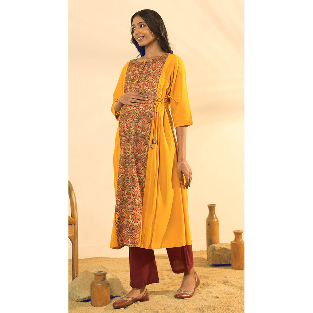 Janasya Womens Mustard Crepe Ethnic Printed A-Line Maternity Kurta